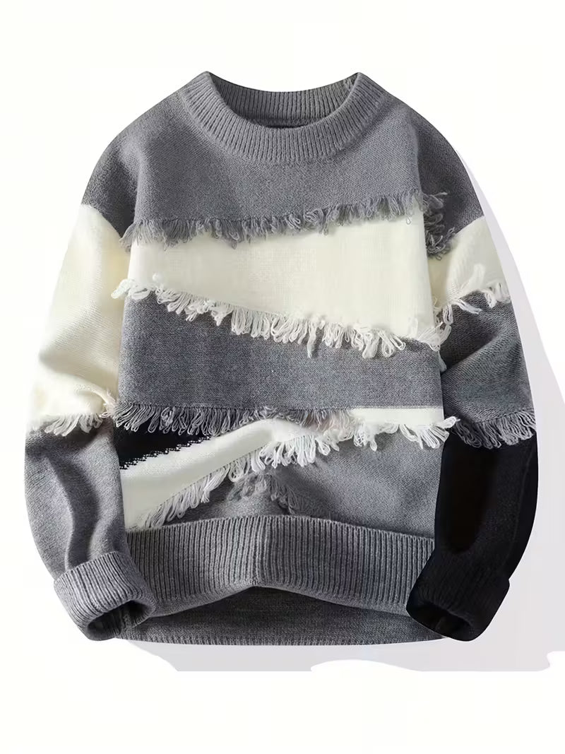 Swetway Men’s Color Block Fringe Sweater – Trendy Knit Pullover for Fall & Winter